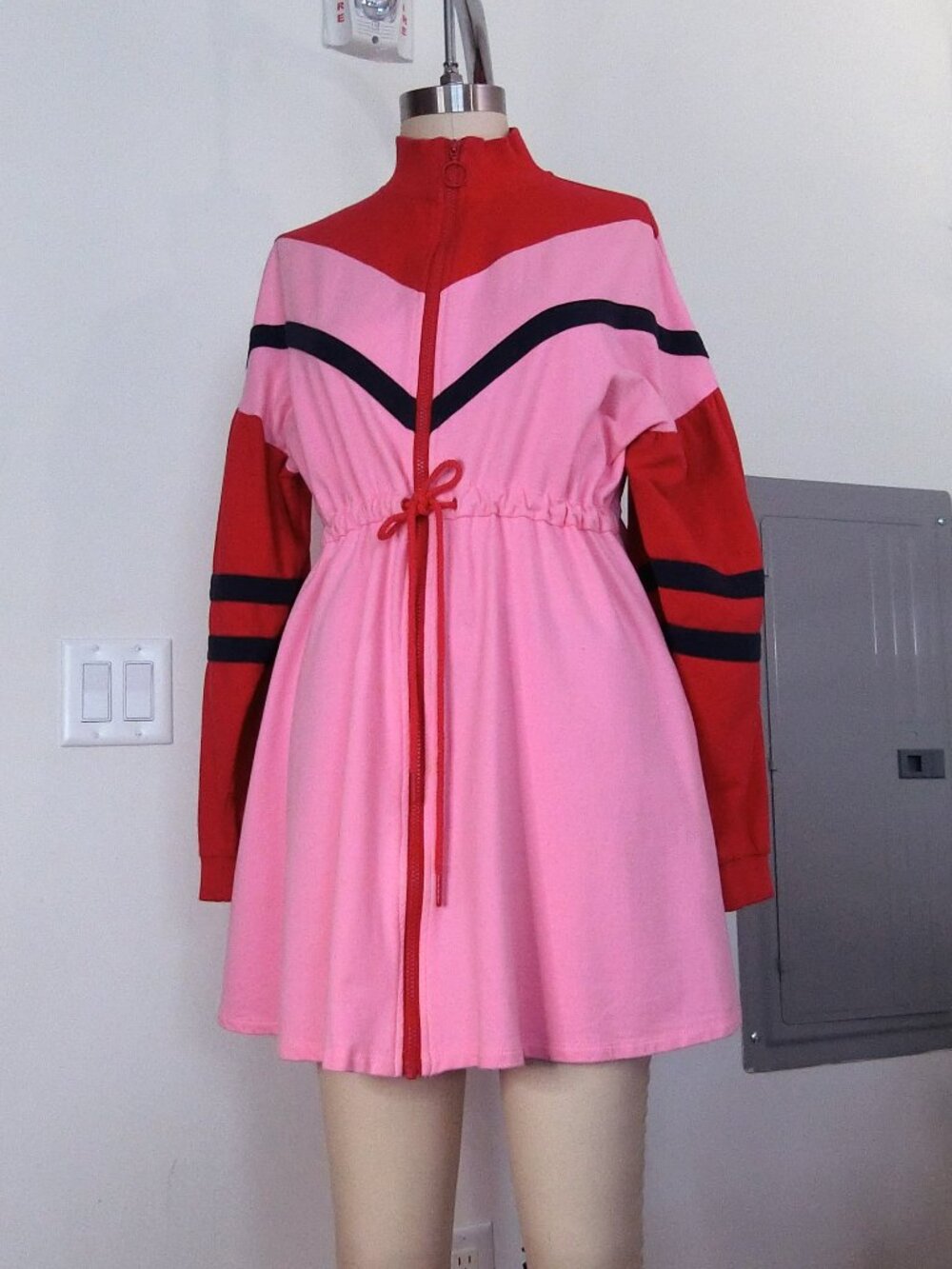 Lazy Oaf No Sweat Pink Sweater Dress Red Navy Zip Front Mini Dress S